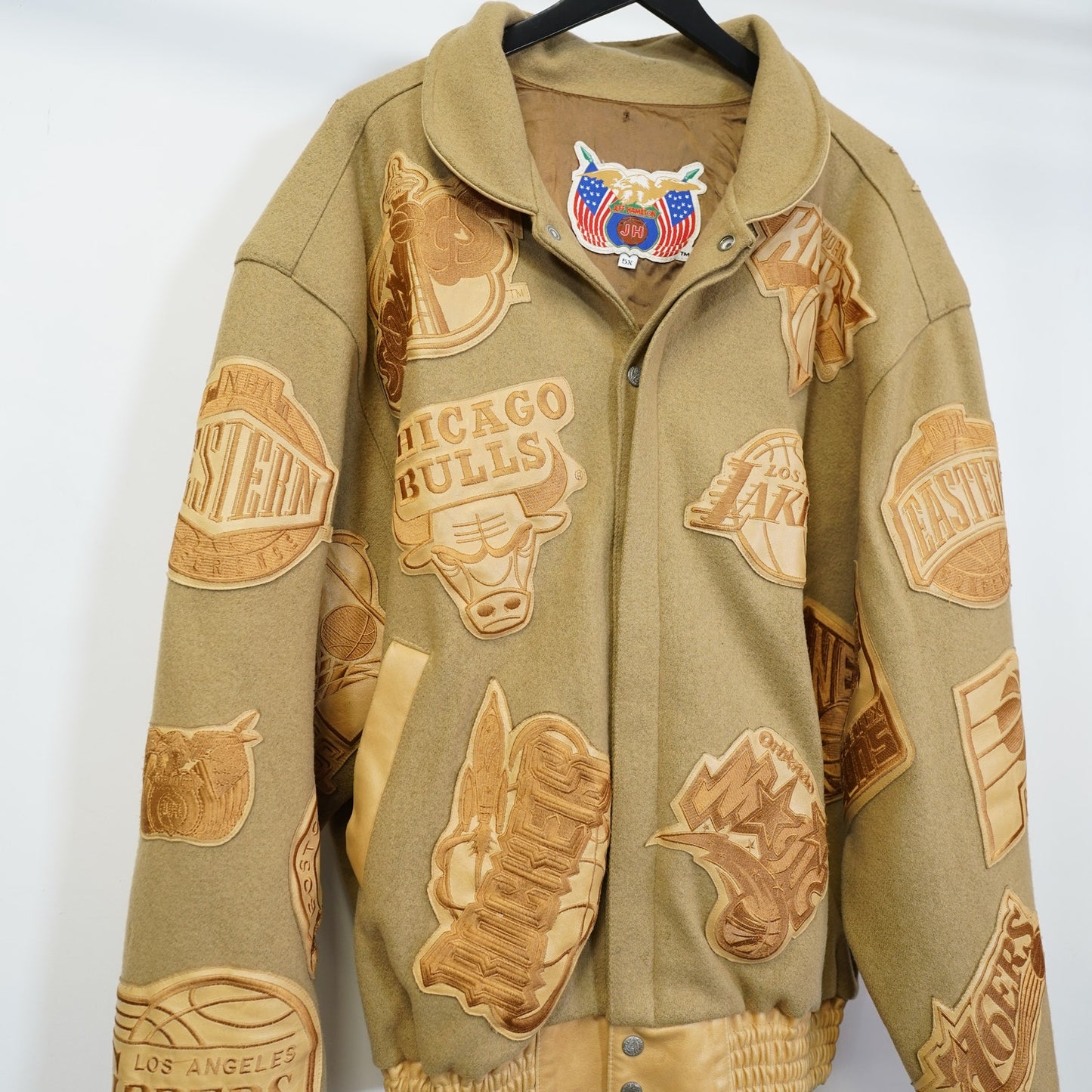(5XL) Vintage Jeff Hamilton NBA Logo Patch Leather Jacket Men's Tan Wool Hip Hop