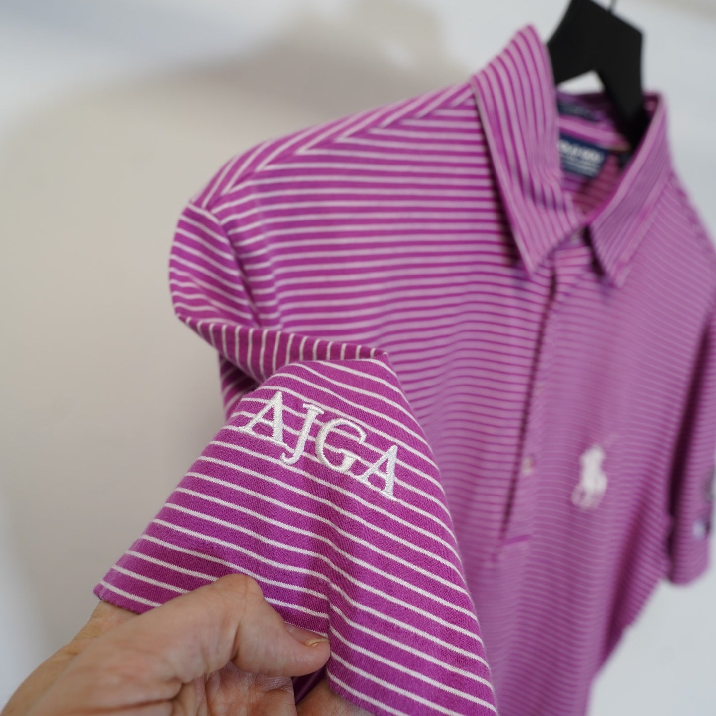 (M) Polo Golf Ralph Lauren Vintage Lisle Shirt Men M Pink Striped Big Pony Tournamen