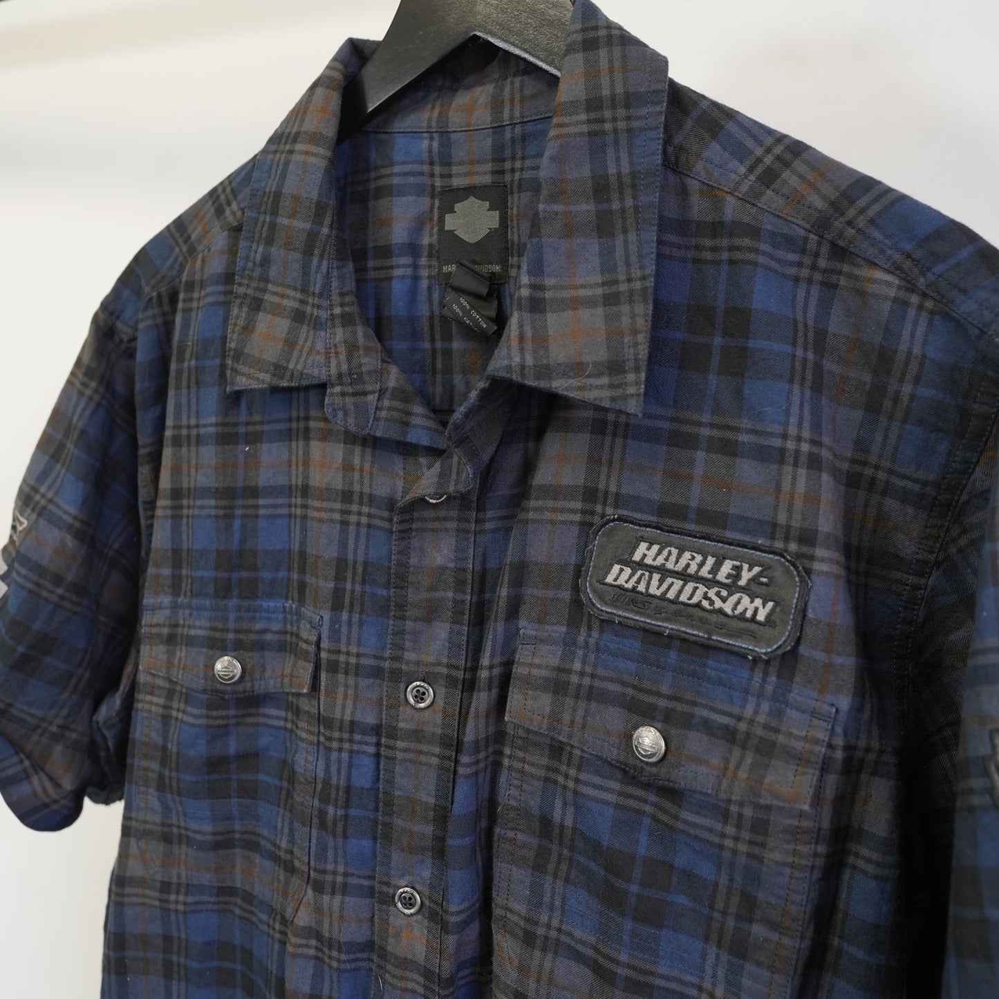 (L) Harley Davidson Motorcycles Plaid Biker Button Up Shirt Men's L Blue Black