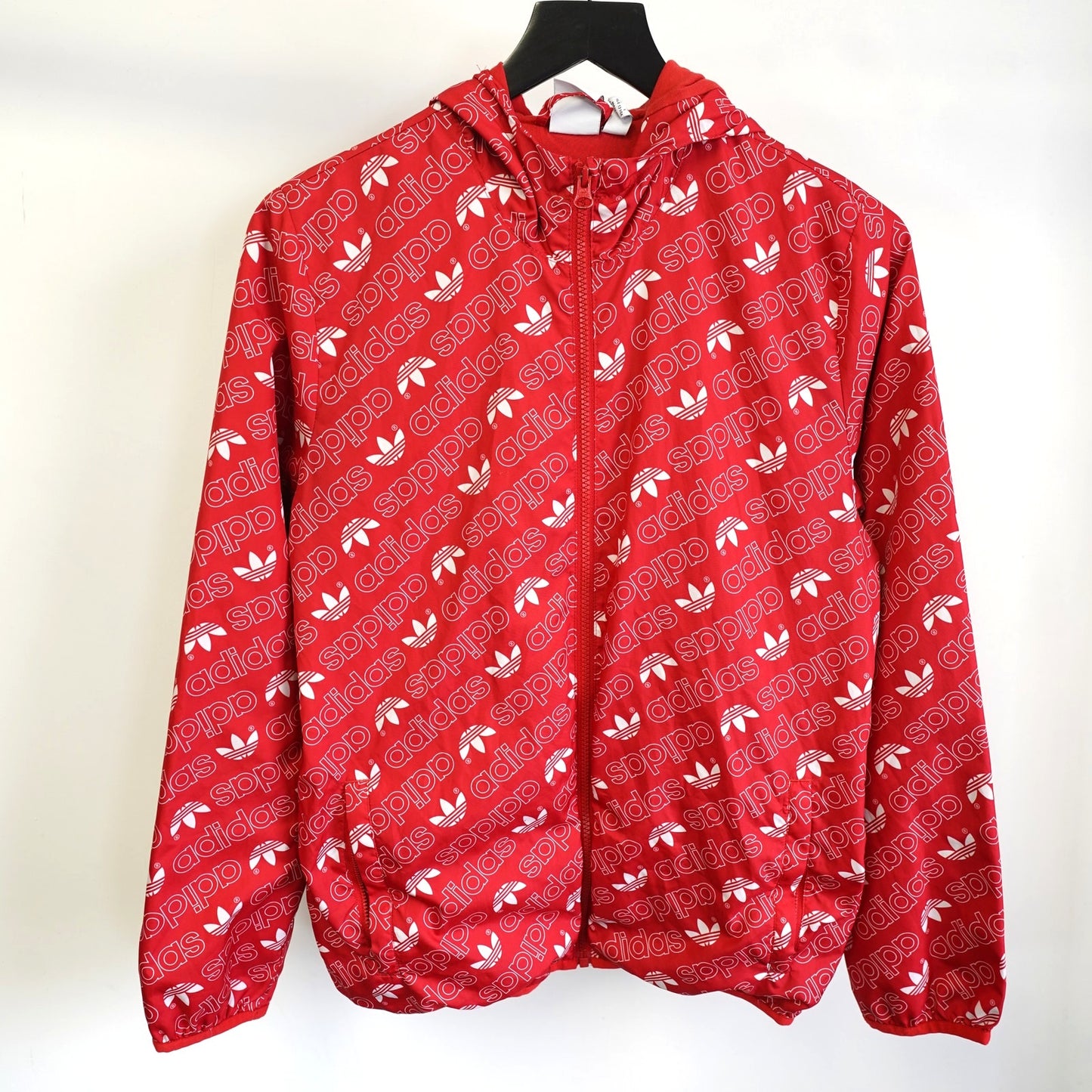 (Youth L 13-14) Adidas Tri-Foil Logo All Over Print Retro Windbreaker Youth Large 13-14 Red AOP