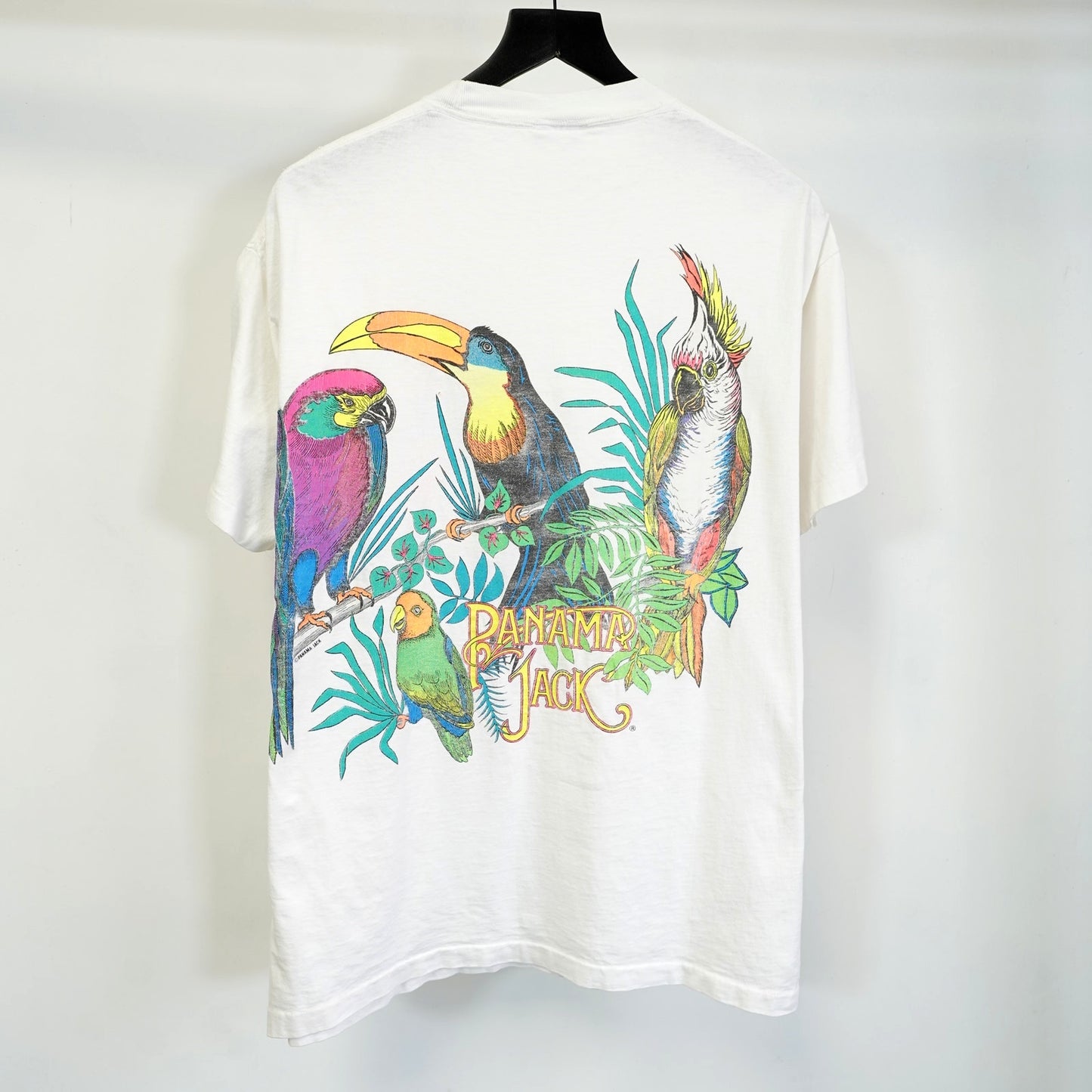 (XL) Vintage Panama Jack Single-Stitch Surf T-Shirt Men's XL White Parrot Nature 90s