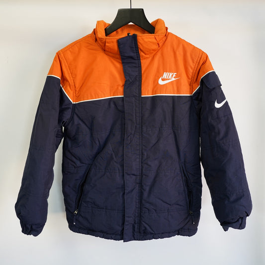 (Youth M) Nike Puffer Jacket Reversible 10-12 Big Swoosh Two-Tone Orange Navy