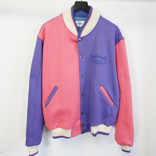 (XL) Vintage 90s Budweiser Pastel Pink & Purple Bomber Jacket Men's XL USA Made 80s