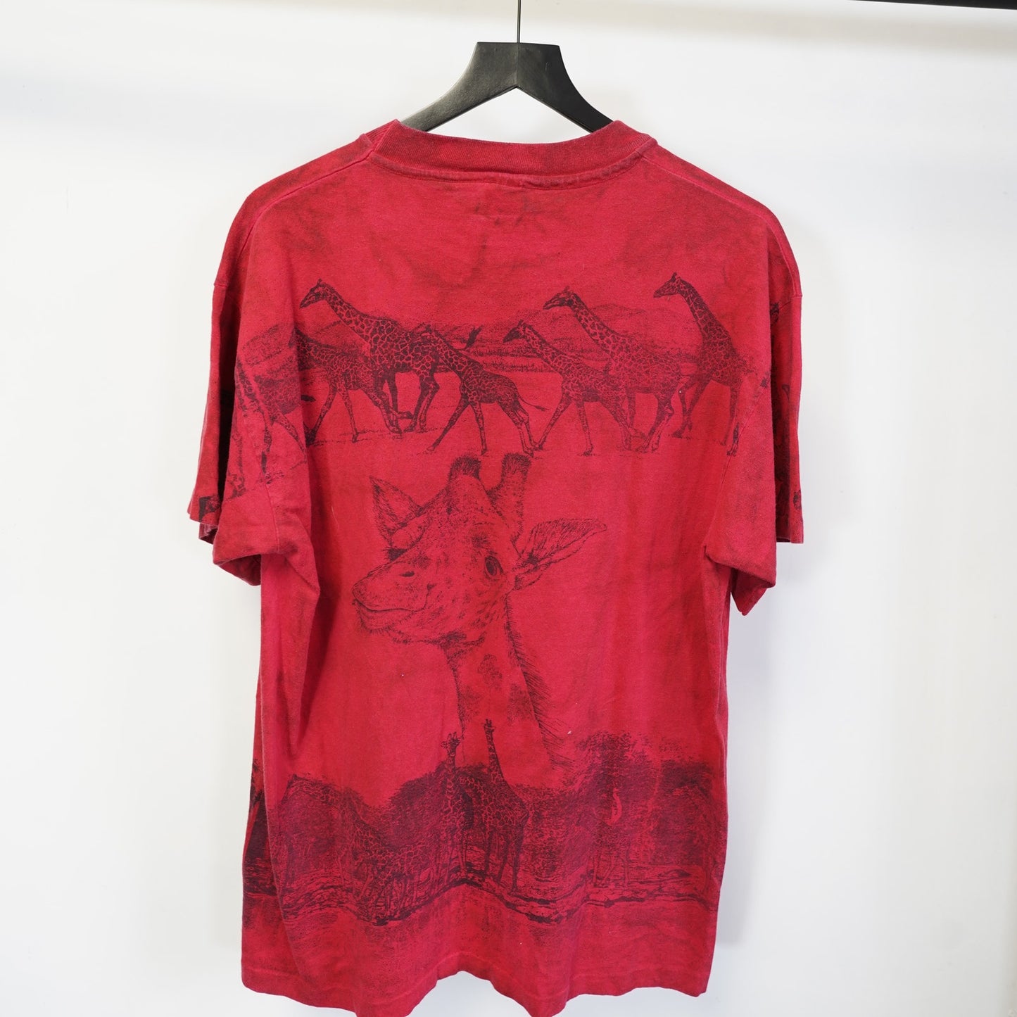 (L) Vintage 90s Giraffe Nature All Over Print Safari T-Shirt Men's L Red Africa