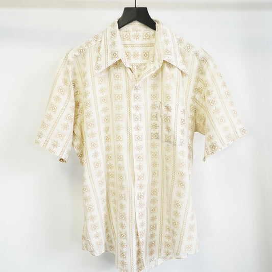 (L) True Vintage Wide Collar 70s Geometric Button Up Shirt Men's L Tan Disco Bowling