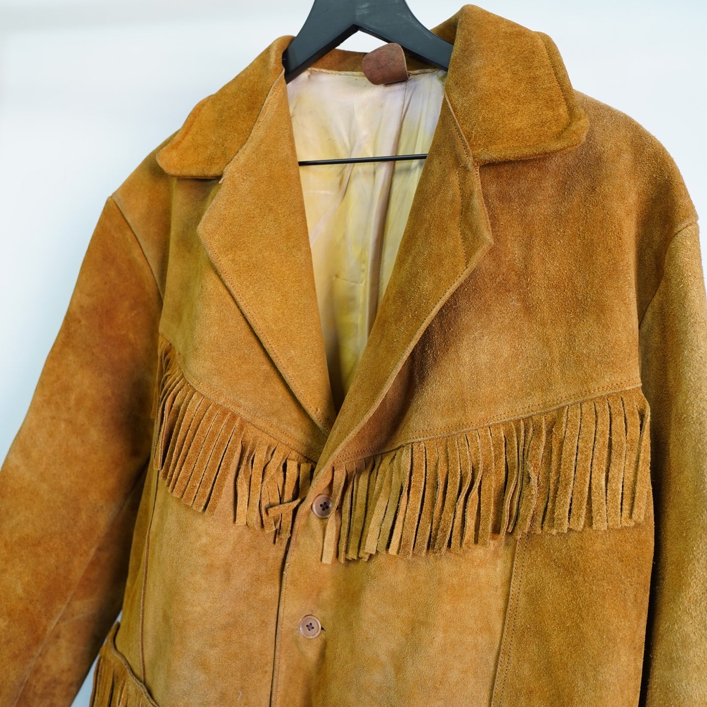 (L) Vintage 1960s-70s Cognac Brown Leather Suede Fringe Western Jacket Hippy
