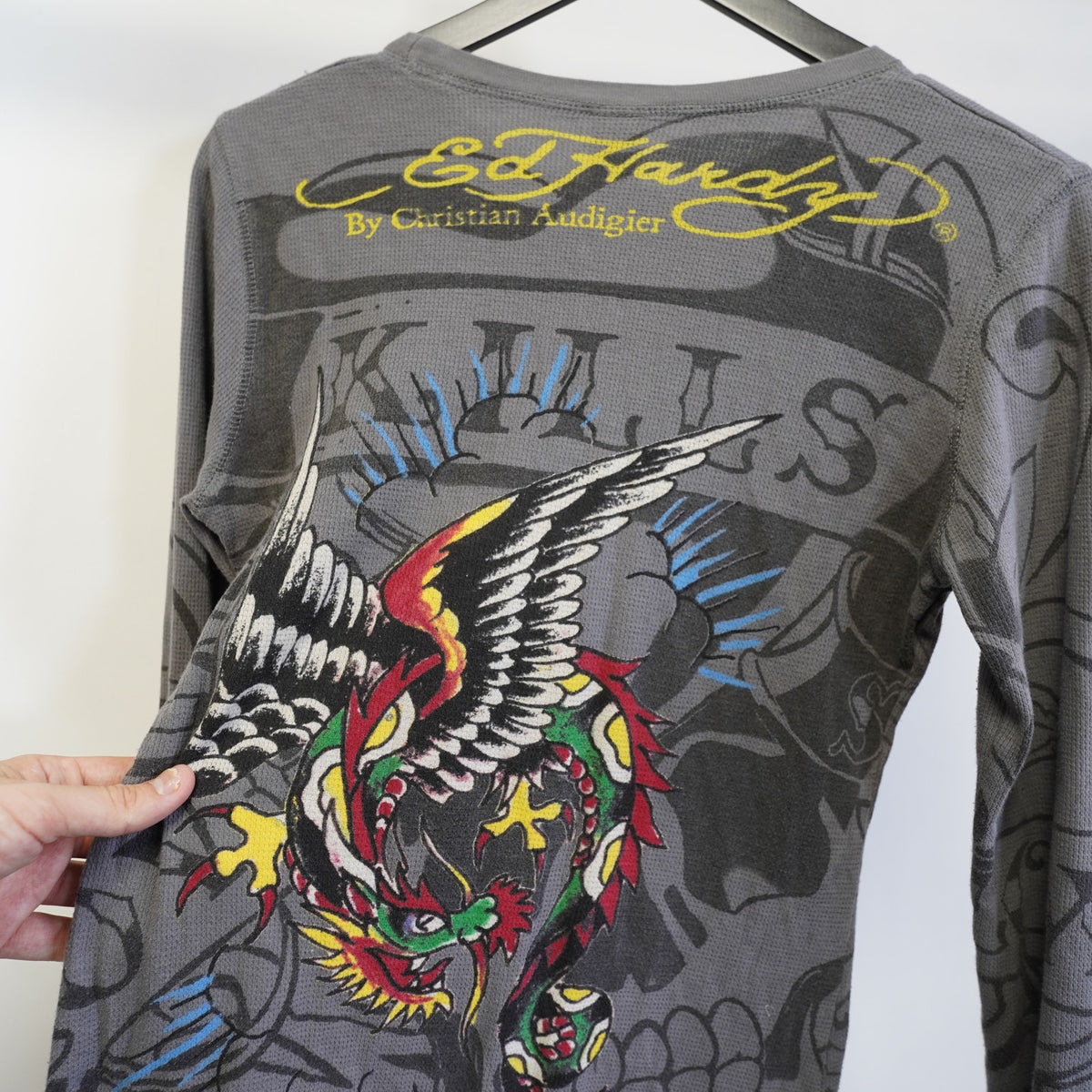 (Women's M) Vintage Ed Hardy Y2K Eagle Dragon Thermal Long Sleeve T-Shirt Emo 2000