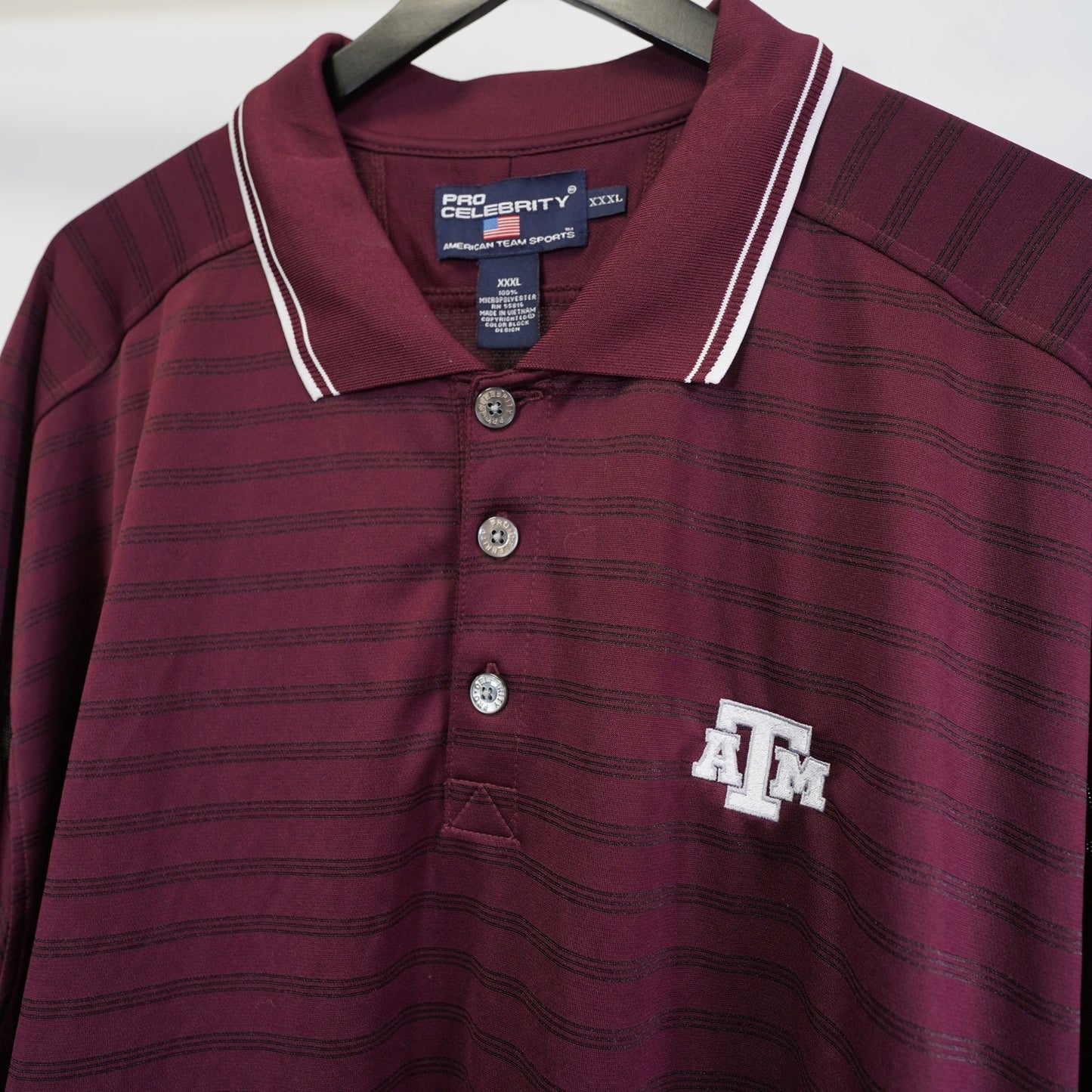 (3XL) Vintage Texas A&M Aggies Striped Polo Shirt Men's 3XL Maroon Football ATM