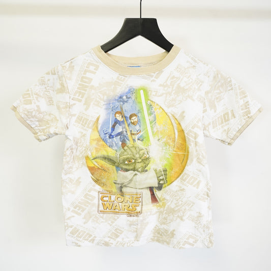 (Boys 5/6) Vintage Star Wars Clone Wars 2000s T-Shirt Boys 5/6 Yoda Anakin Jedi AOP White