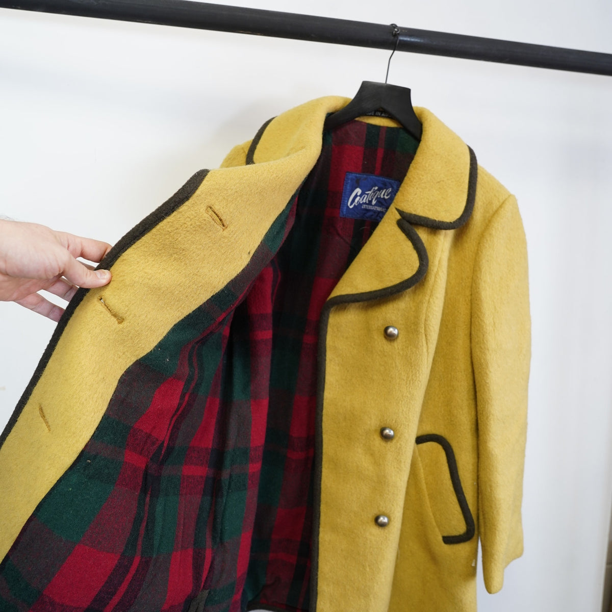 (Women's M) True Vintage Coatique International Yellow Wool Plaid Lined Coat Women's M