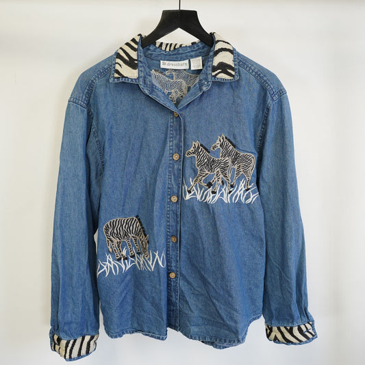 (Women's L) Vintage Dress Barn Zebra Safari Embroidered Denim Shirt Women's L Y2K Nature