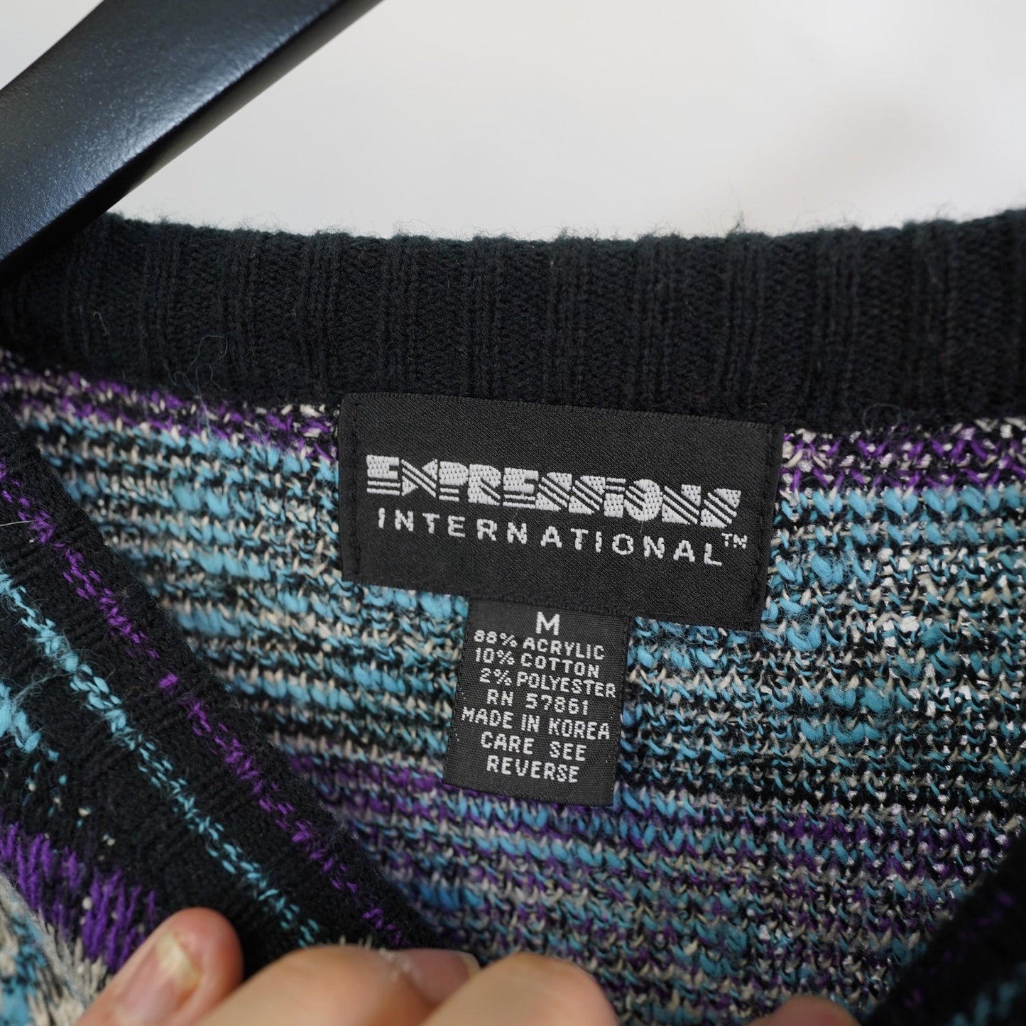 (M) Vintage Expressions 90s Geometric Knit Sweater Men's M Purple Aqua Retro 80s