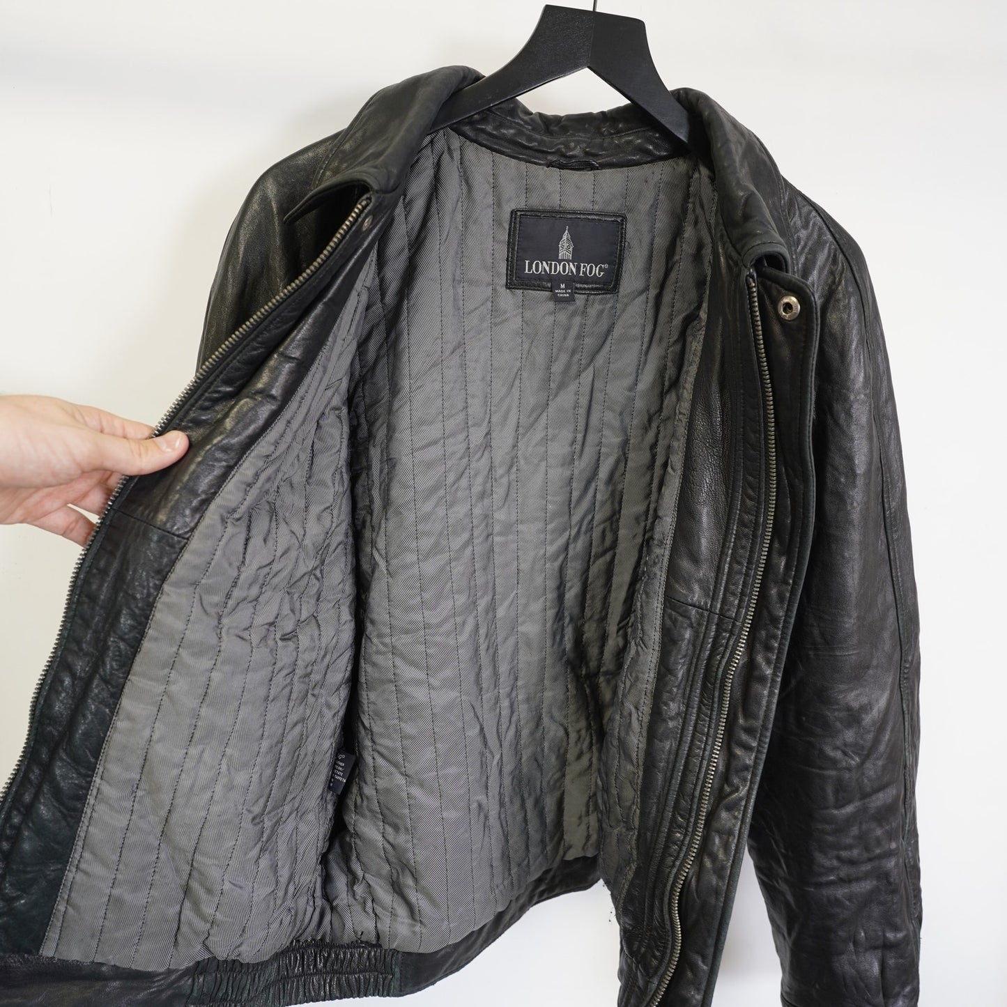 (M) Vintage London Fog Genuine Leather Motorcycle Bomber Jacket Men's M Black Soft