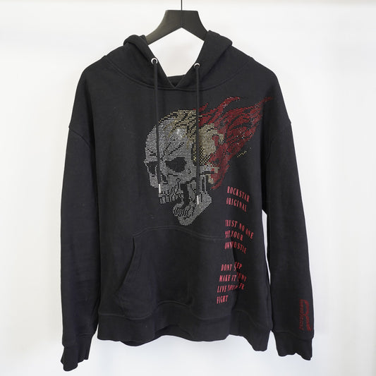 (L) Rockstar Original Bedazzled Skull Y2K Hoodie Men's L Black 2000s Emo Vamp