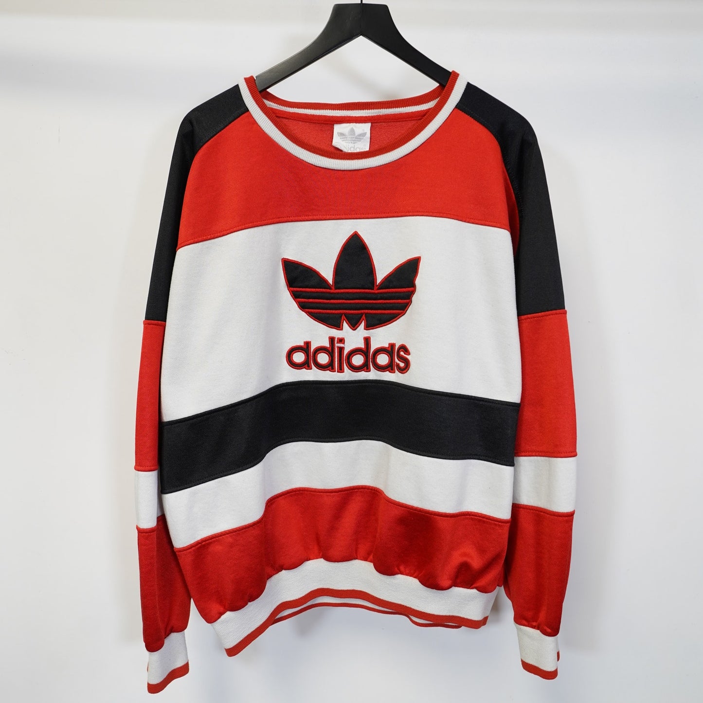 (XL) Vintage 80's Adidas Trefoil Striped Crewneck Sweatshirt Men's XL Red Run DMC