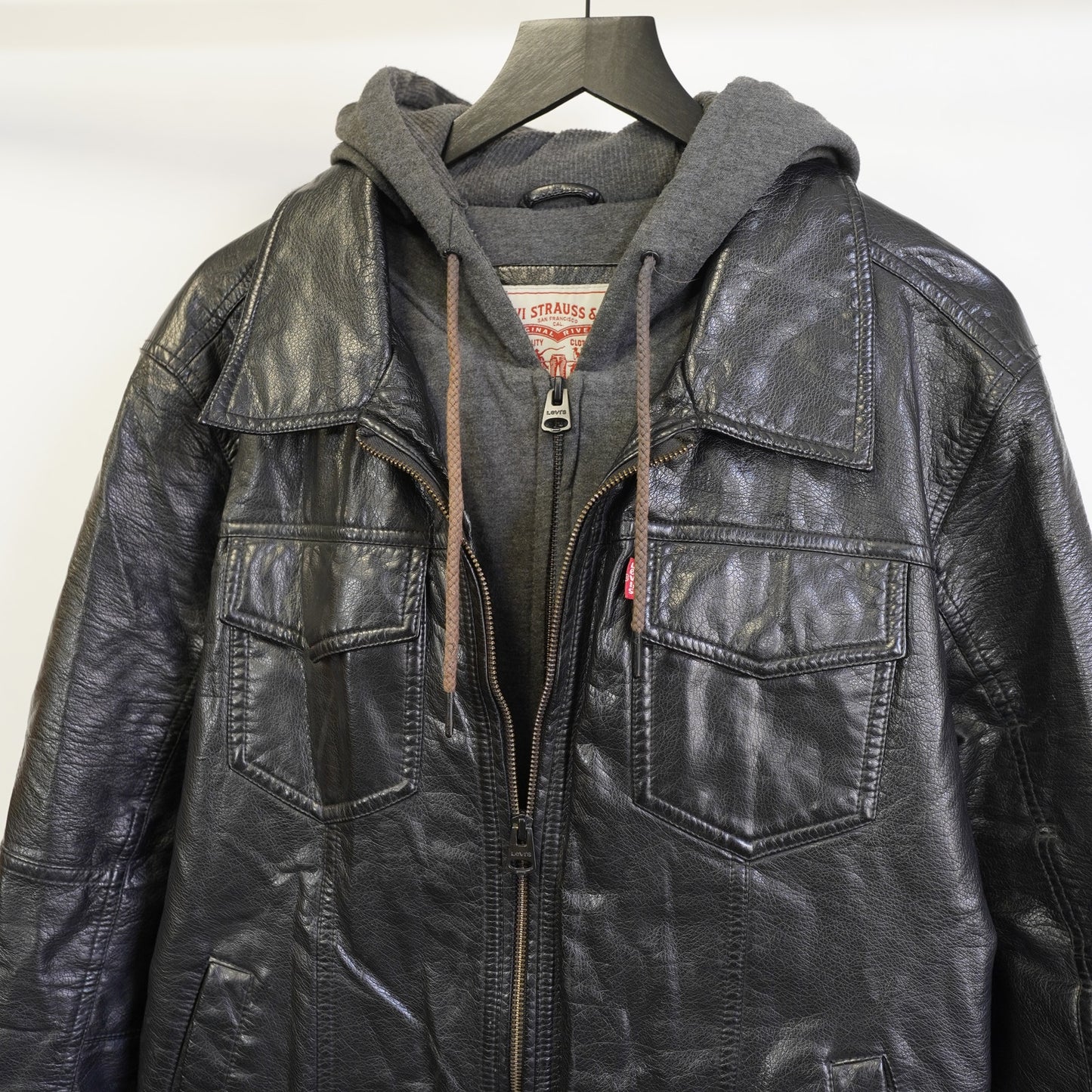 (L) Levis Strauss Faux Leather Hooded Biker Jacket Men's L Black Gray Full Zip