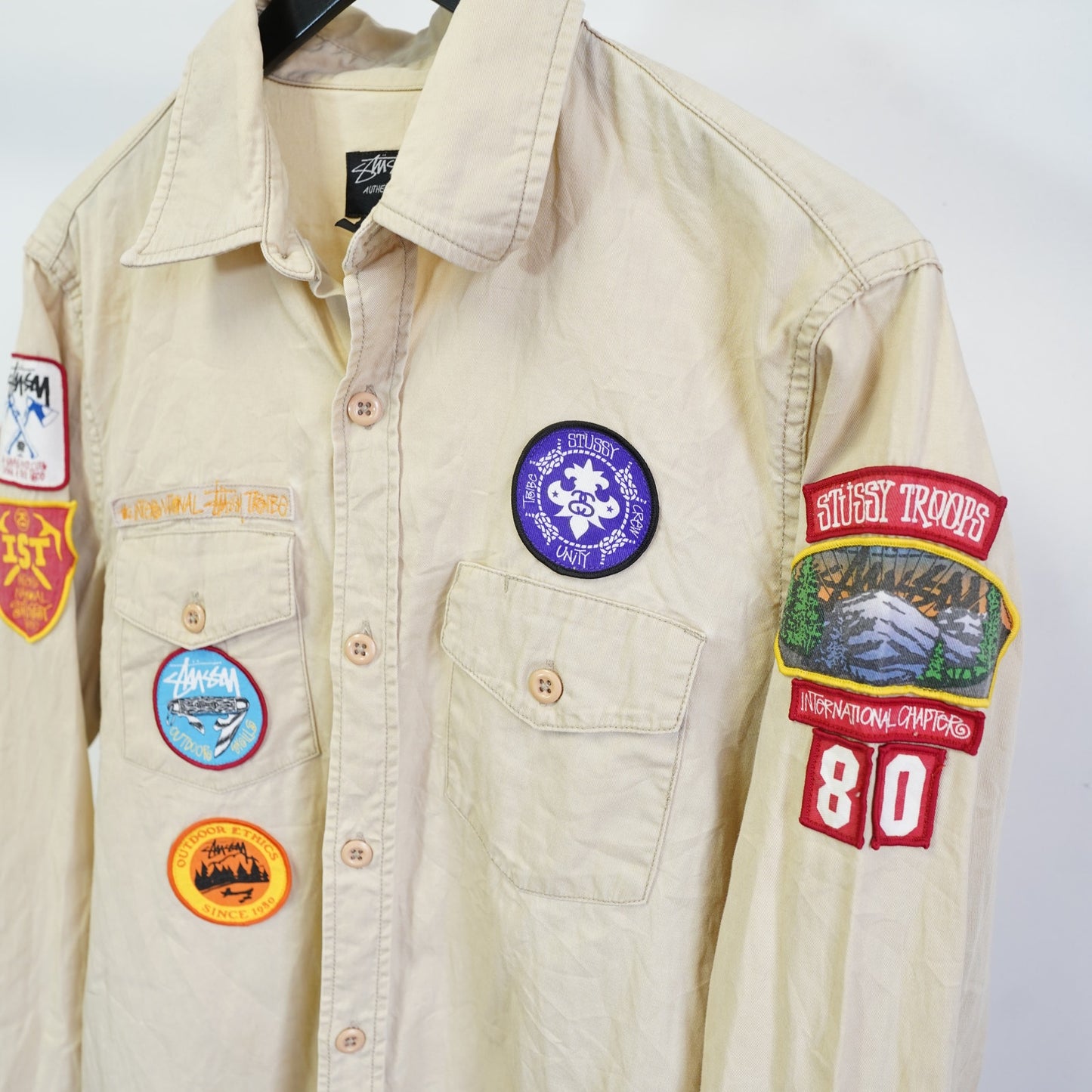 (M) Vintage Stussy Scout Shirt Patchwork Men's M Y2K Japanese Release Cream 2000s
