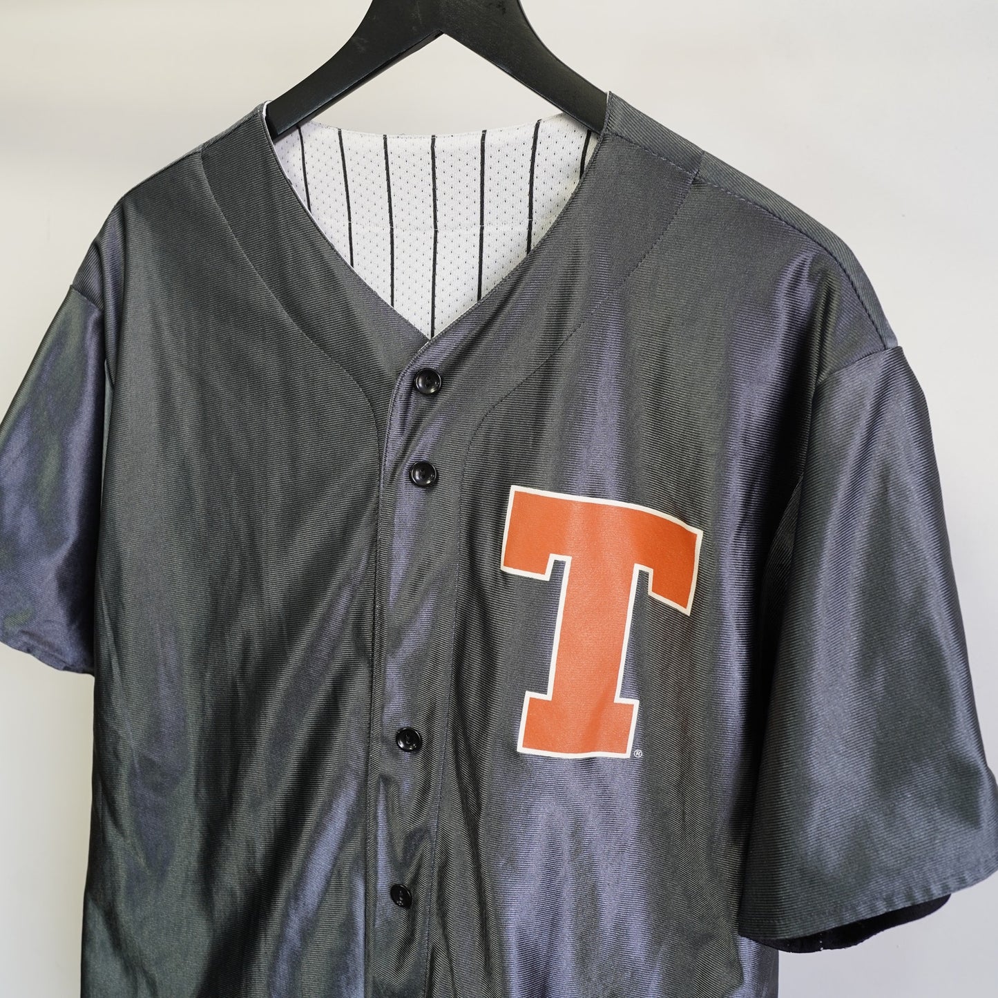 (L) Texas Longhorns Reversible Majestic Baseball Jersey Men's L Pinstripe White 90s