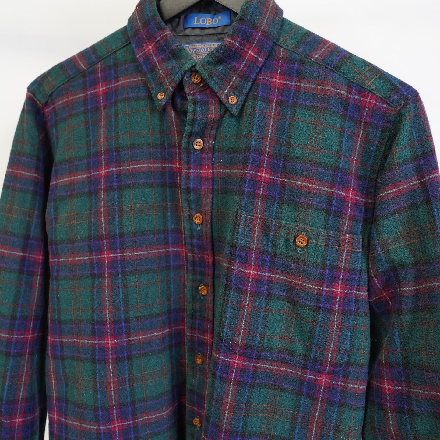 (M) Vintage Pendelton Lobo Plaid 100% Wool Button Up Men's M Green Blue Tartan