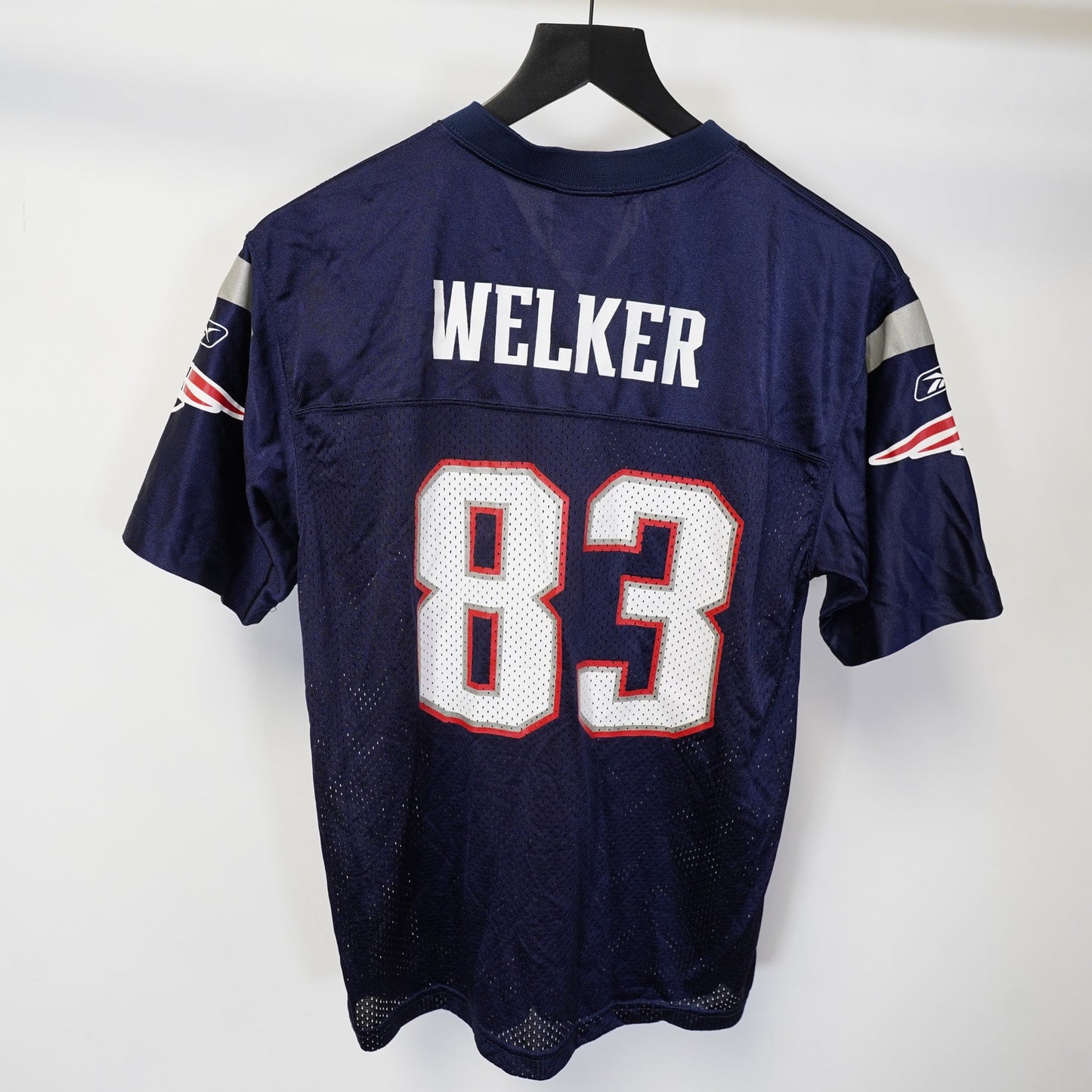 (Boys L) Vintage New England Patriots Wes Welker Football Jersey Reebok Boys L 14-16 Blue