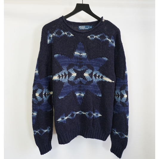(XL) Vintage Polo by Ralph Lauren Hand-Knit Aztec Sweater Men's XL Southwest Blue