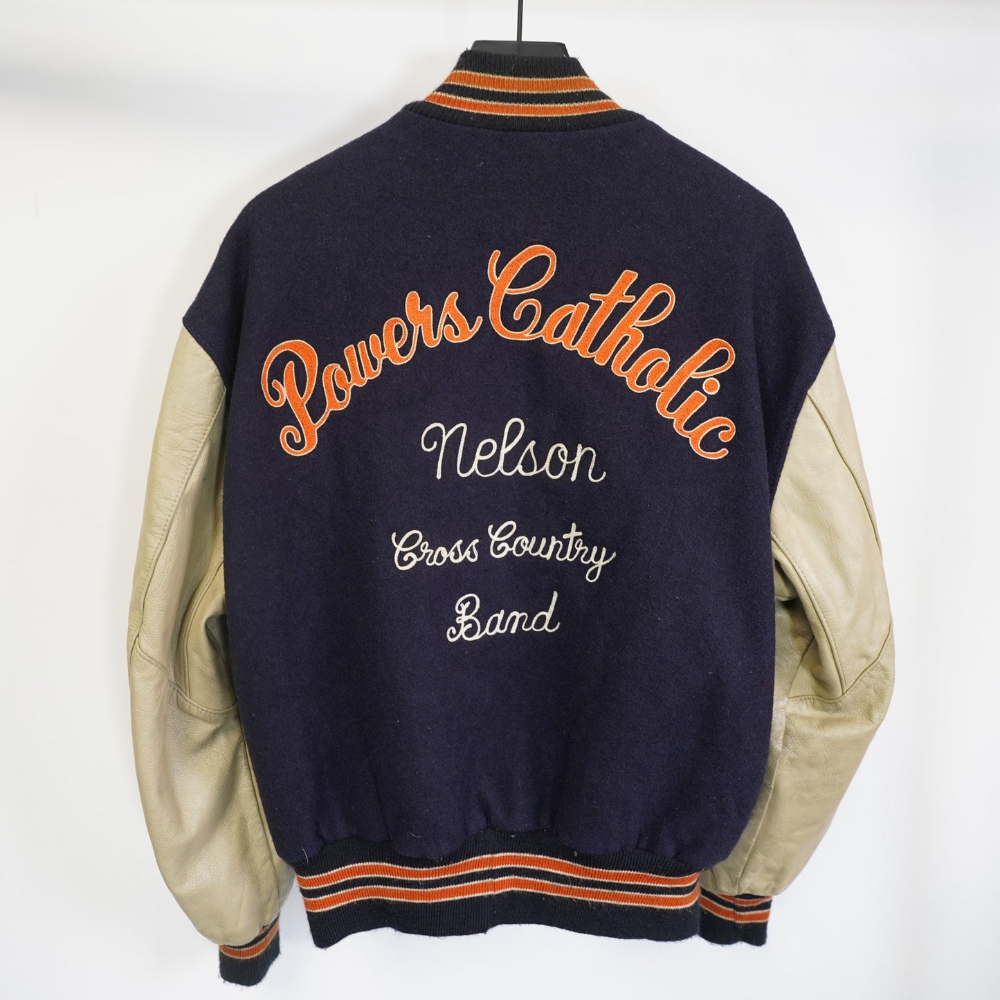 (XL) Vintage Delong Leather Varsity Jacket Unisex Size XL Navy Cream Catholic