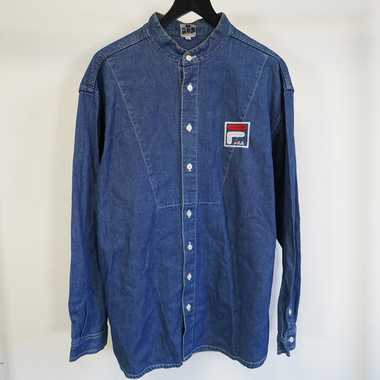 (XL) Vintage 90s Fila Denim Mandaran Collar Blue Button Down Shirt Men's XL Hip Hop