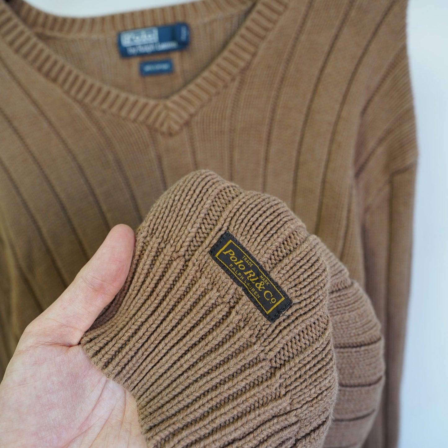 (XXL) Vintage Polo Ralph Lauren Ribbed Knit V-Neck Sweater Men's XXL Brown Preppy