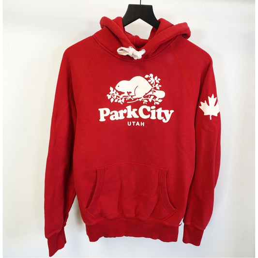 (S) Roots Canada Park City Utah Pullover Hoodie Men's S Red White Beaver Logo