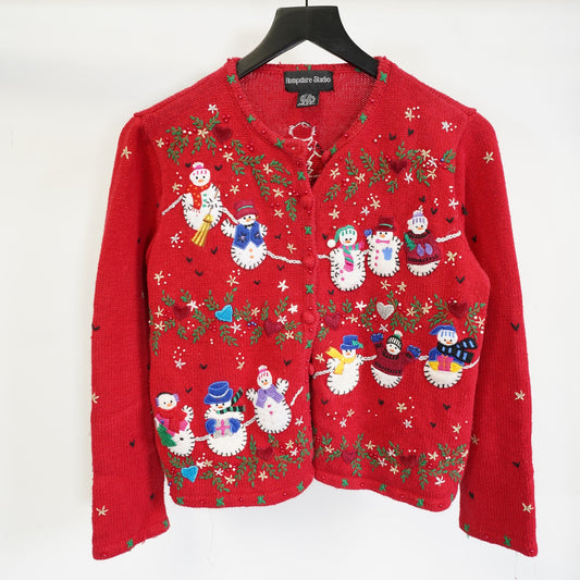 (Women's M) Vintage Holiday Knit Christmas Cardigan Sweater Women's M Snowman Stitch Frosty