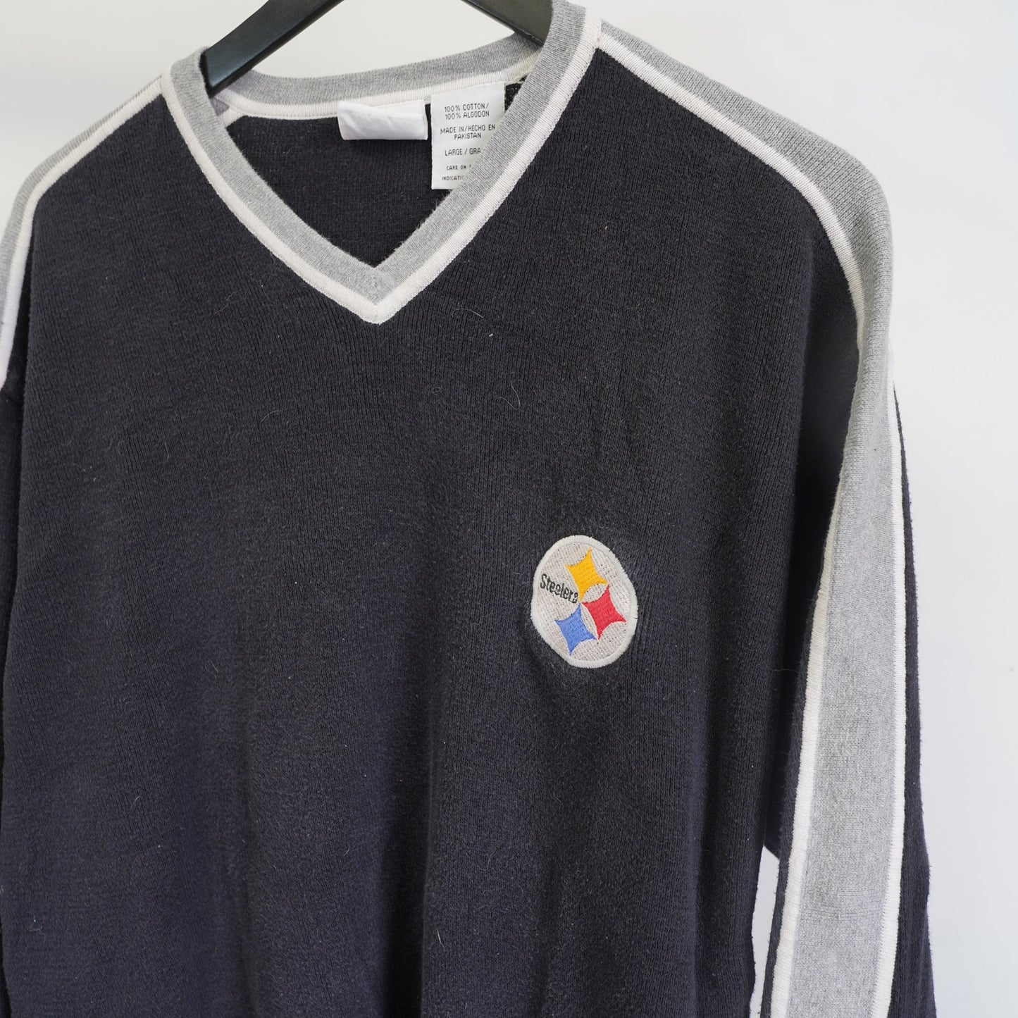 (L) Vintage Pittsburg Steelers 90s V-Neck Sweatshirt Men's L Black Gray Embroidered