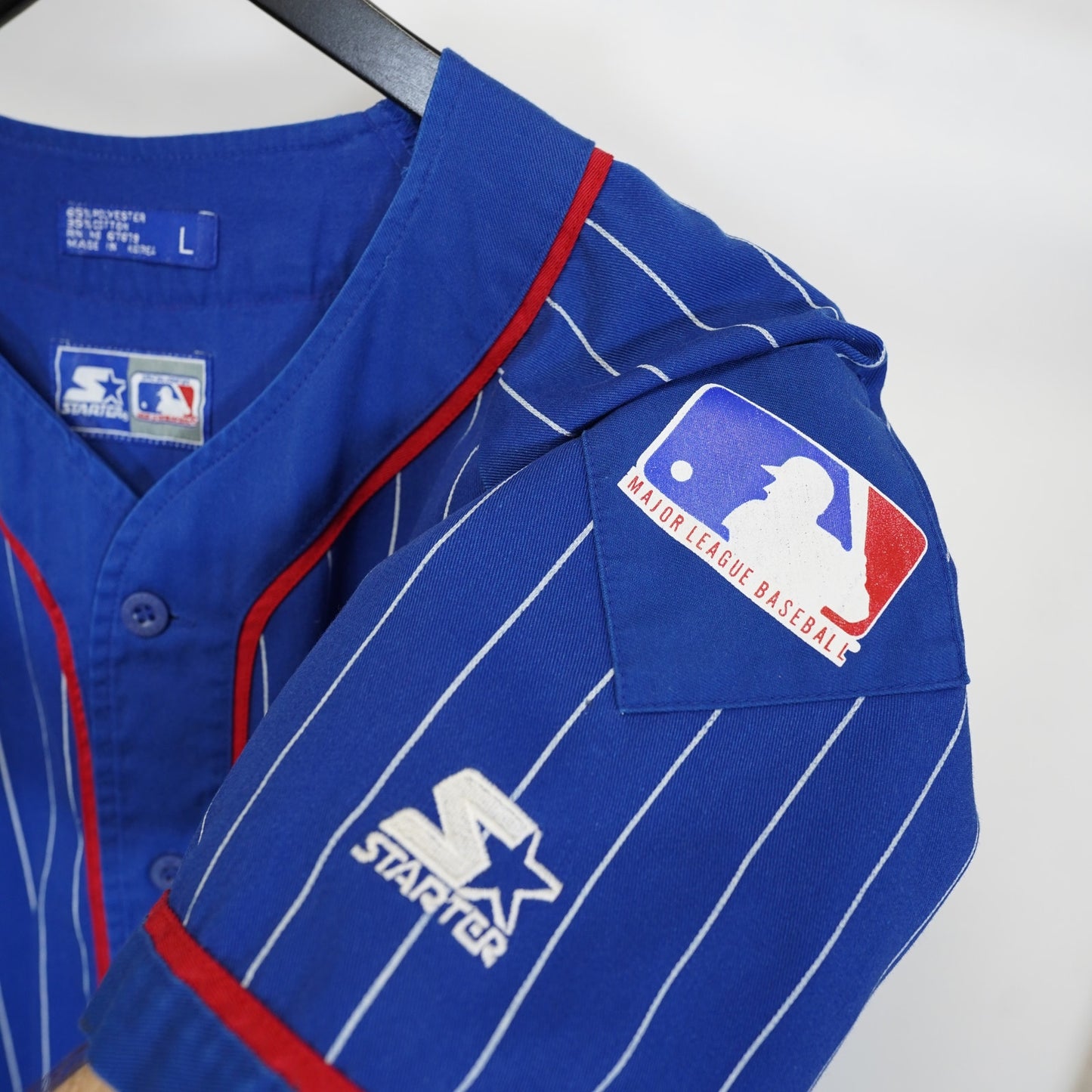 (L) Vintage Starter Pinstripe Chicago Cubs Embroidered Baseball Jersey Men's L Blue