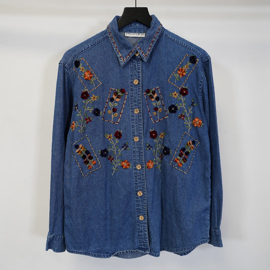 (Women's S ) Vintage Denim Flower Embroidered Button Up 90s Floral Sewn Granny Core