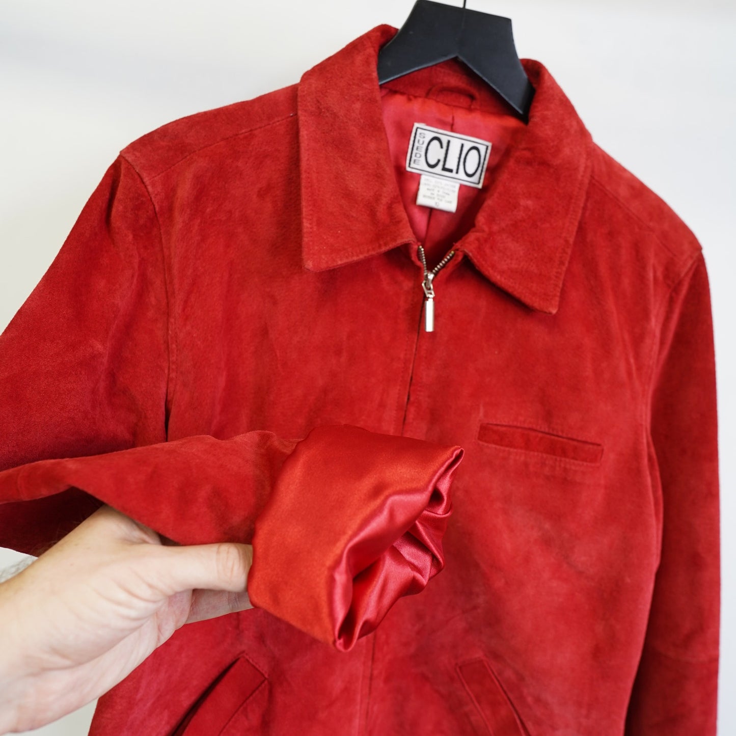 (Women's M) Vintage Clio Red Suede Leather Jacket Women's M Sz. 10 Glam Preppy Full Zip 90s