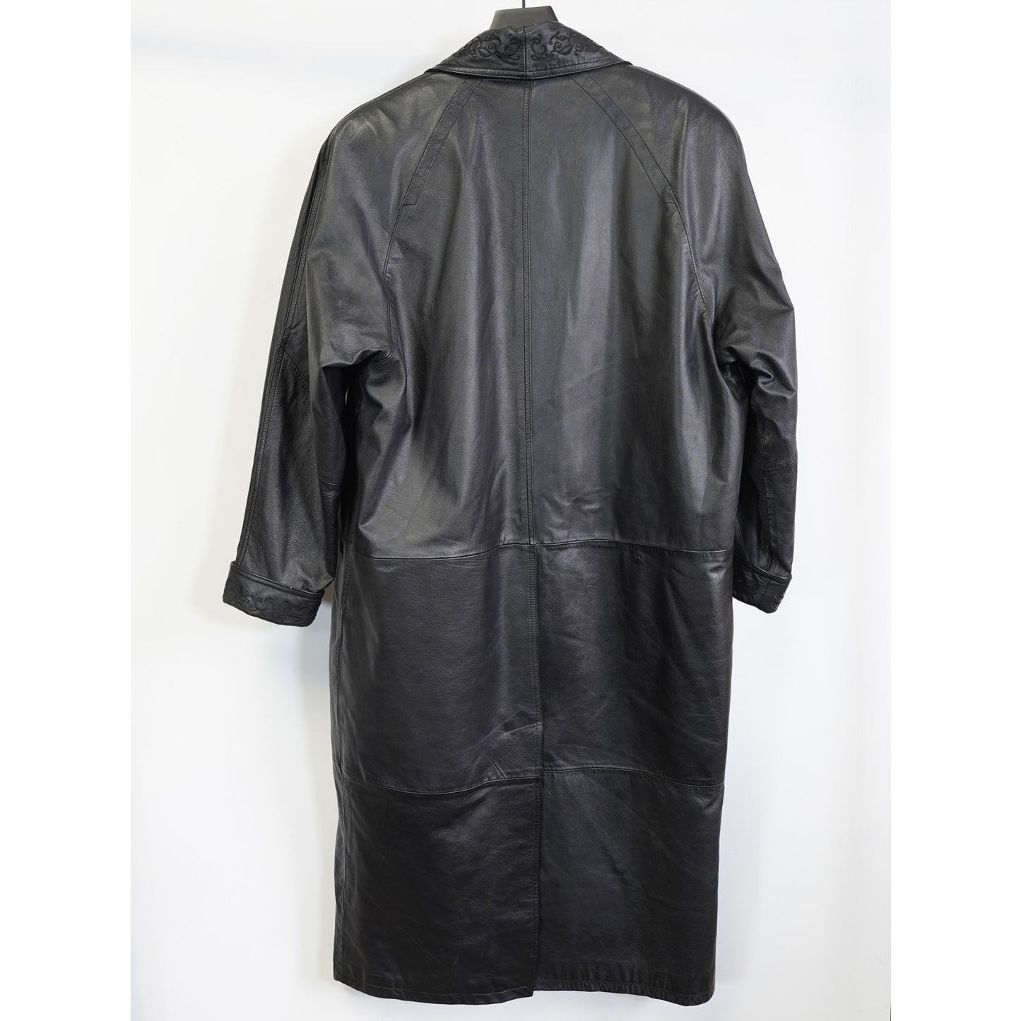 (Women's L) Vtg 80s Leather G-III Coat Women’s L Black Trench Paisley Lining Whimsy Gothic