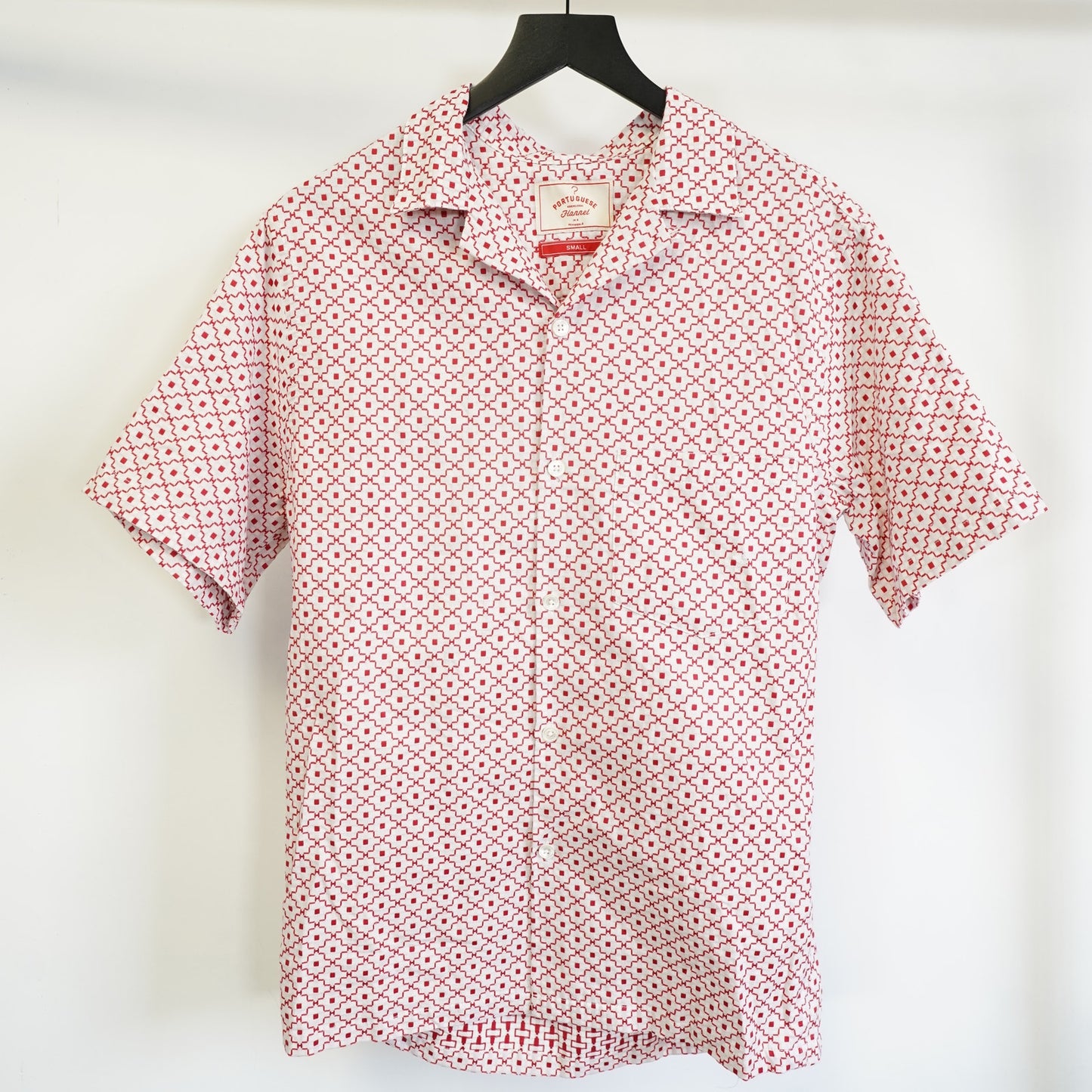 (S) Portuguese Flannel Tile Camp Button Up Shirt Men's S Red White Embroidered