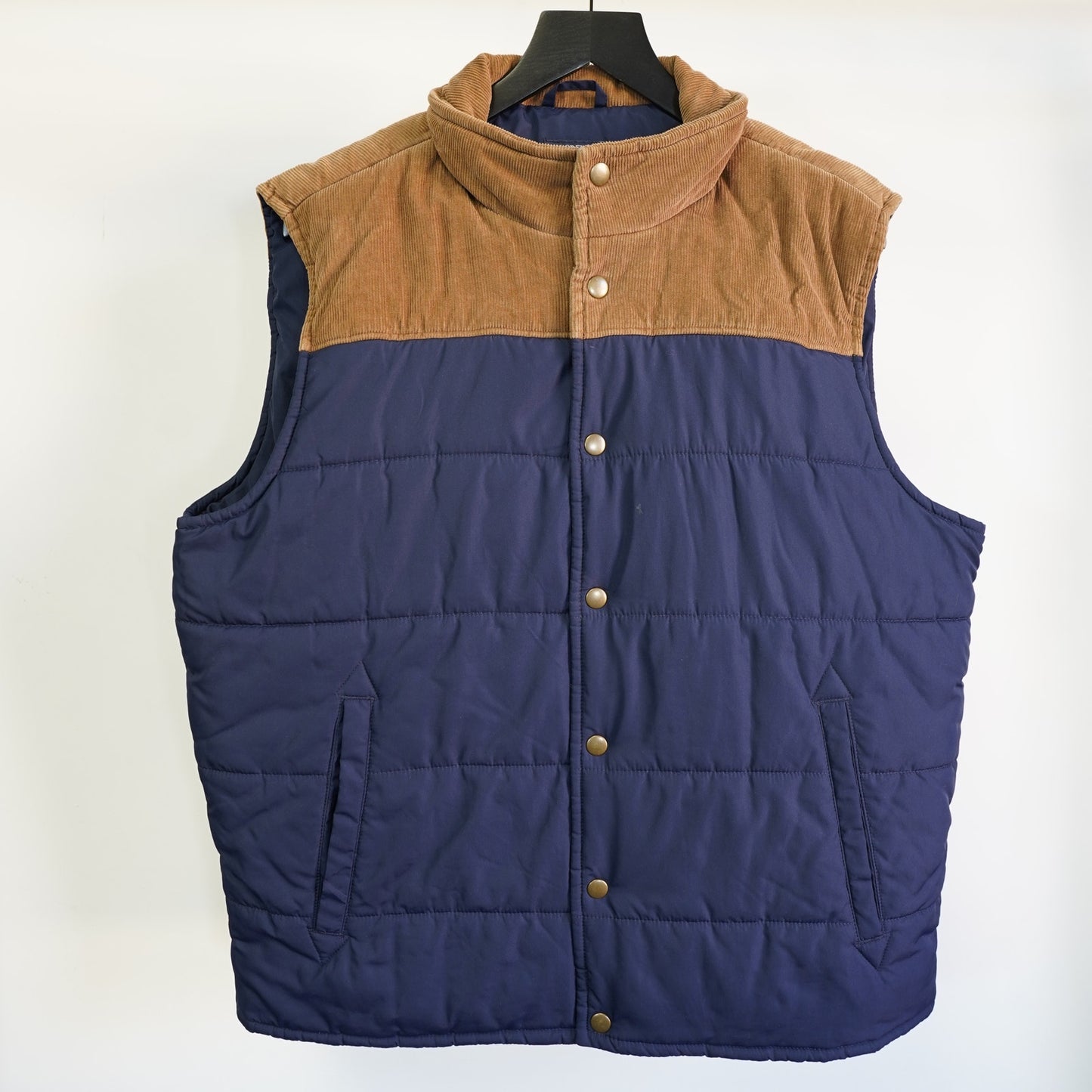 (L) J Crew Outerwear Puffer Vest Men's L Blue Brown Two Tone Quilted Corduroy