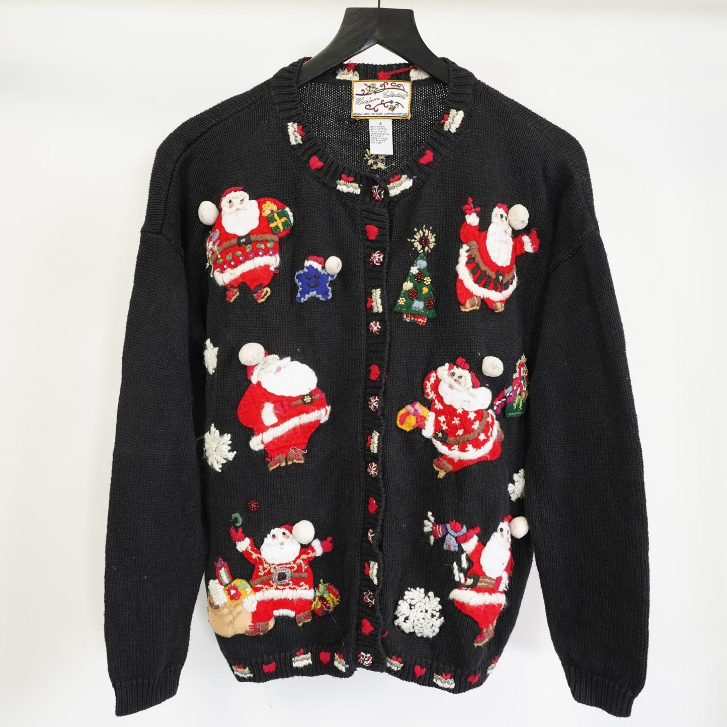 (Women's S) Vintage Holiday Christmas Knit Cardigan Sweater Women's S Santa Black Stitched