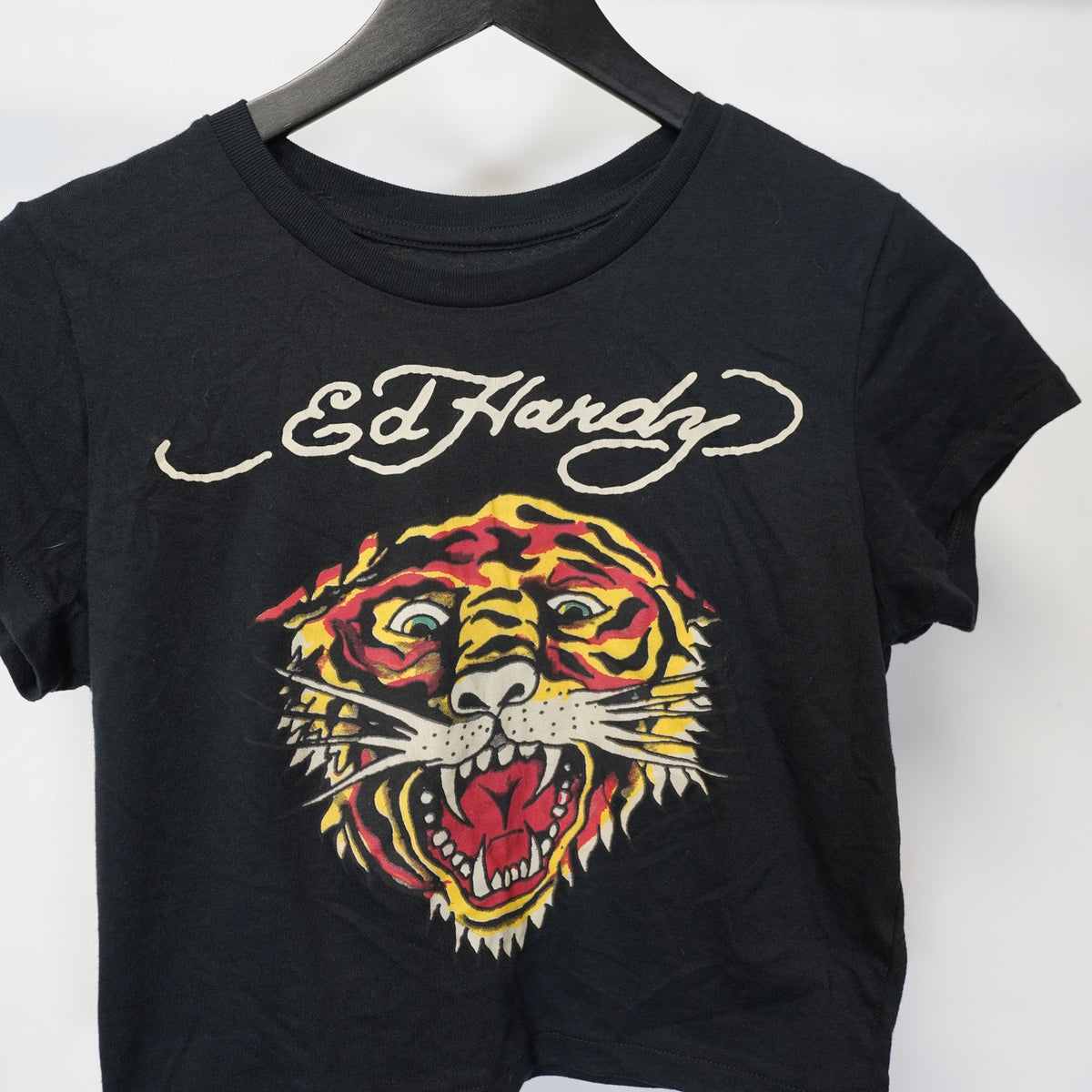 (Women's M) Vintage Ed Hardy Y2K Tiger Head Tattoo Crop Top Women's M Black 2000s Goth Emo