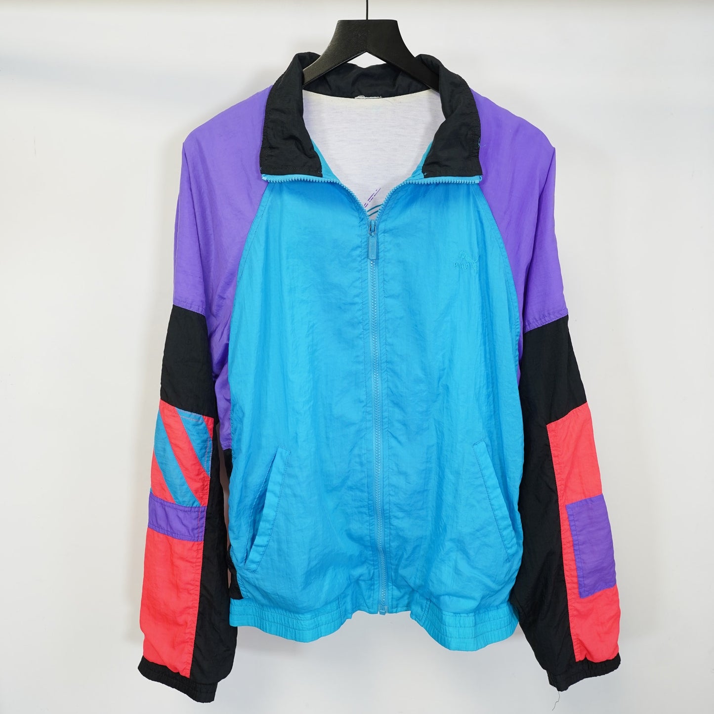 (XL) Vintage 90s Puma Windbreaker Jacket Men's XL Blue Purple Neon Pink Retro Running