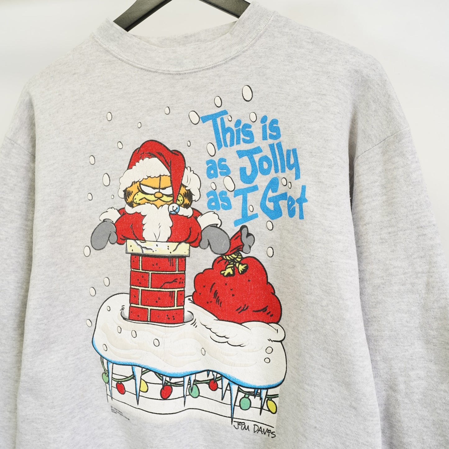 (L) Vintage Garfield Christmas Holiday Sweater Men's L 90s Tultex Gray Santa