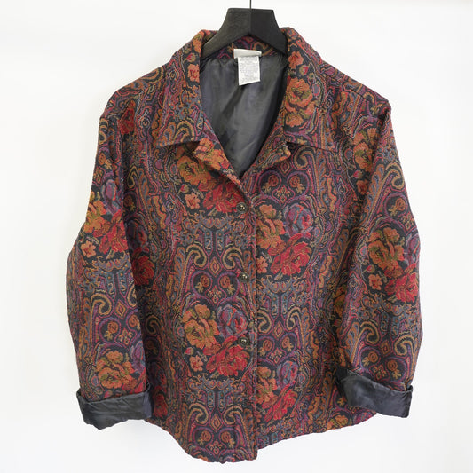 (Women's L) Vintage White Stag Knit Tapestry Floral Paisley Jacket Women's XL Multicolor 90s