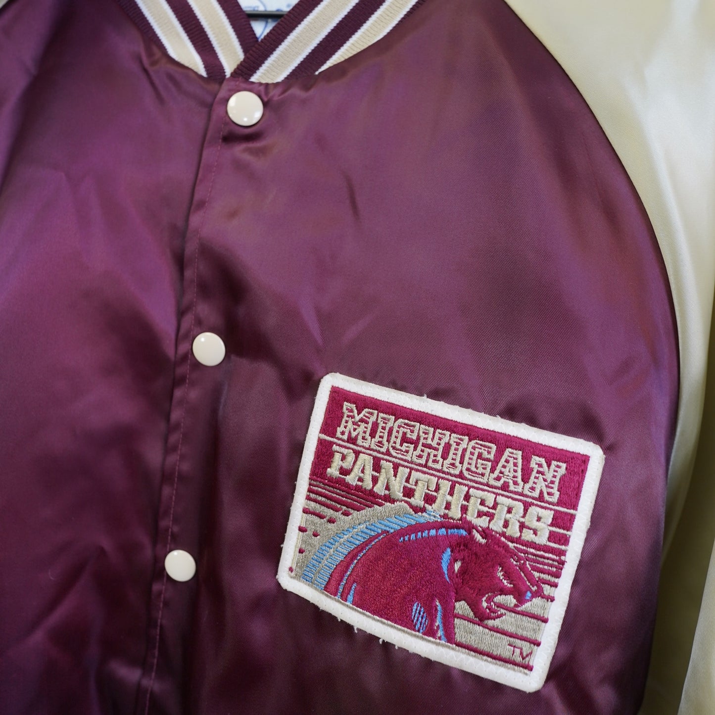 (XL) Vintage Michigan Panthers USFL Satin Bomber Jacket Men's XL 80s Red Gold Retro
