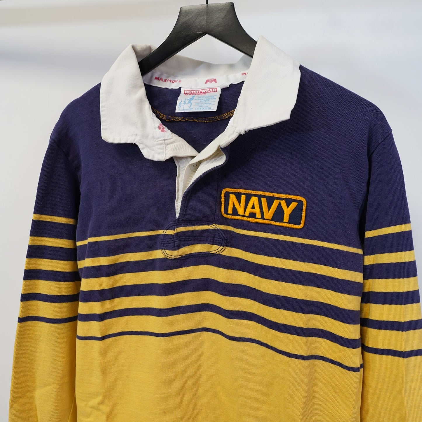(L) Vintage U.S. Navy Striped Rugby Polo Men's L Sz 44 Yellow Blue Longsleeve Retro