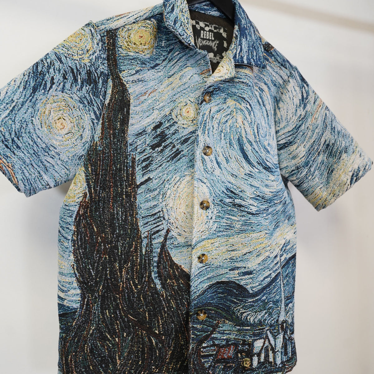 (S) Rebel Vengeance Vincent Van Gogh Starry Night Woven Tapestry Shirt Men's S Art