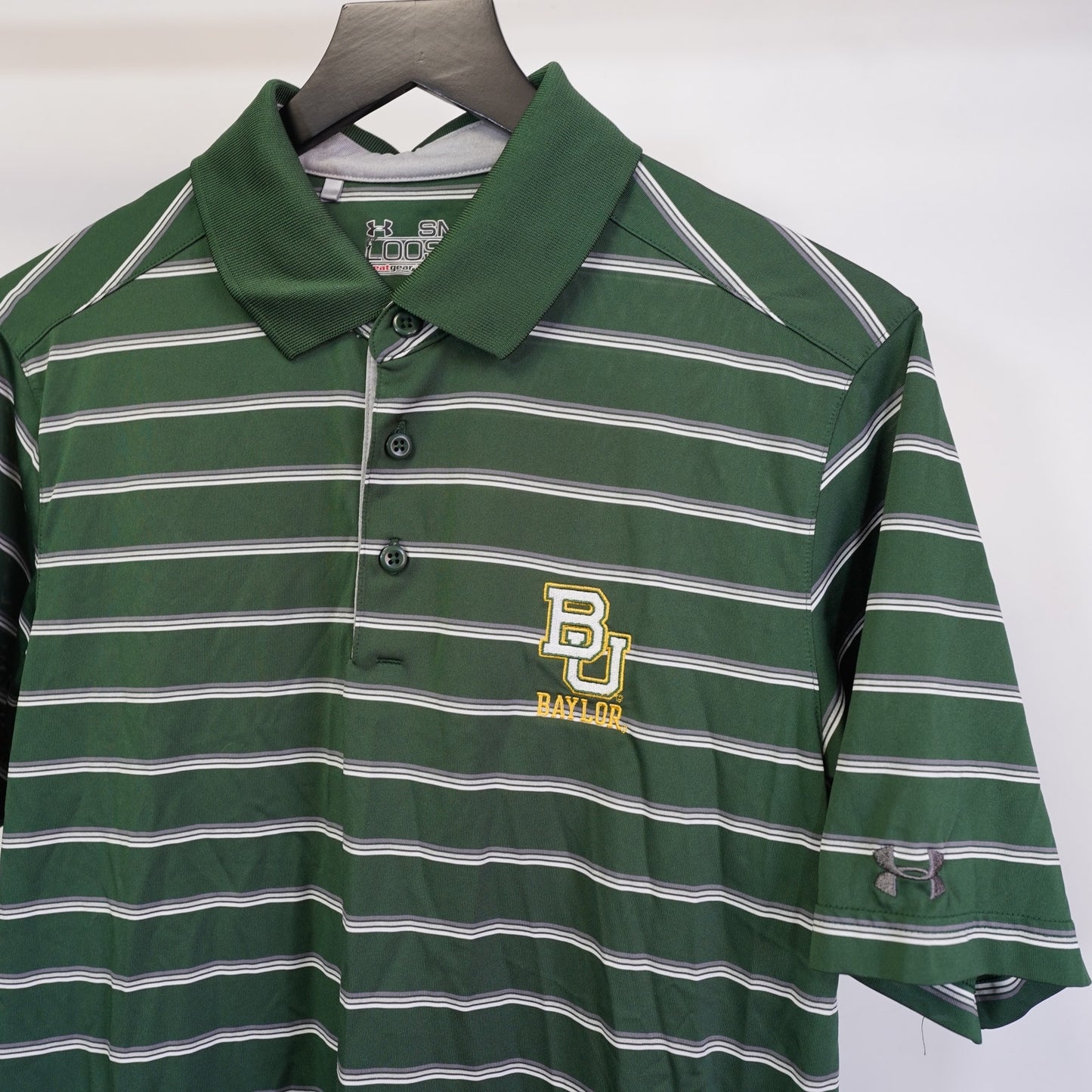 (S) Baylor University Bears Striped Under Armour Polo Shirt Men's S Green Heat Gear