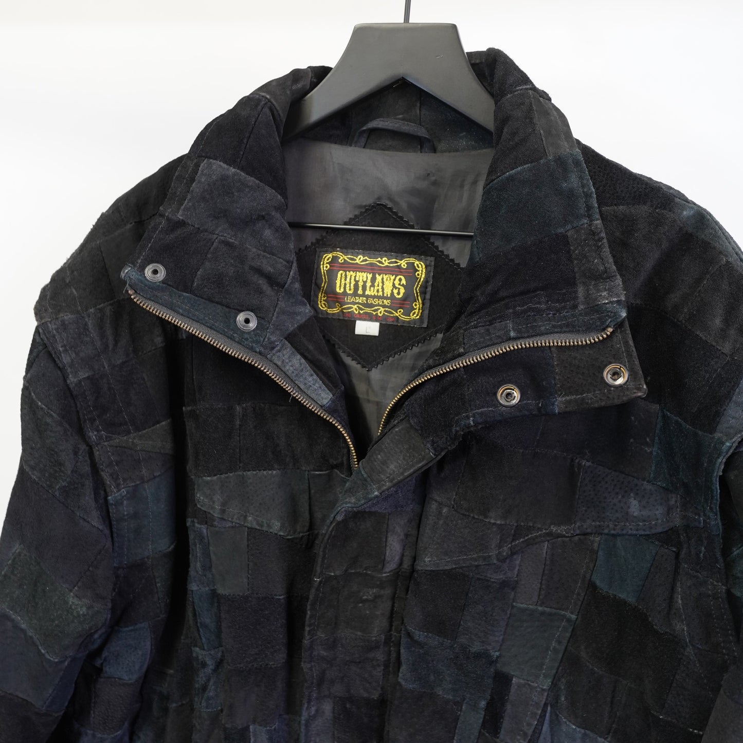 (L) Vintage Outlaw Leathers Patchwork Black Suede Biker Bomber Jacket Men's L 90s