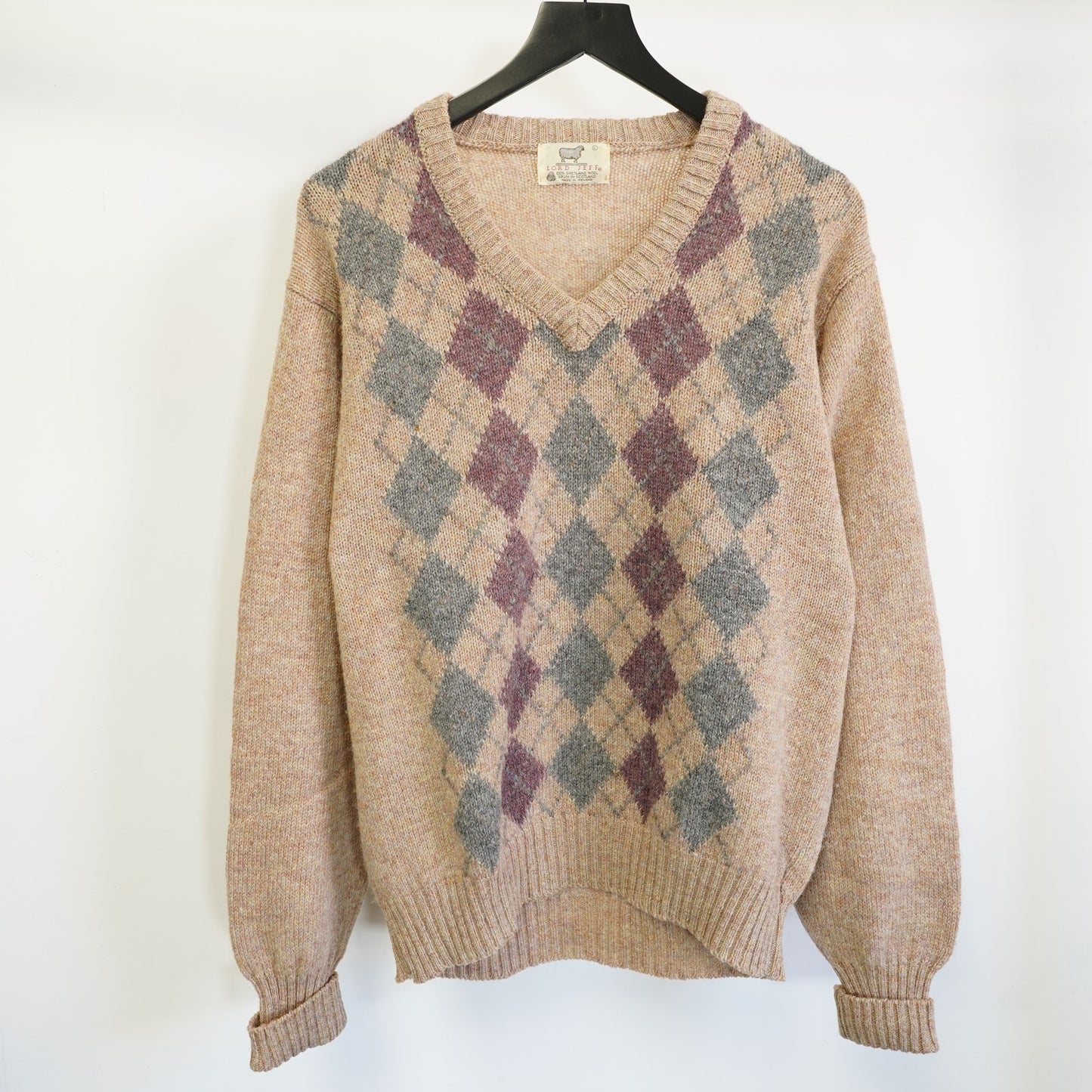 (L) Vintage Lord Jeff Shetland Wool Knit Sweater Men's L V-Neck Argyle Pattern Tan