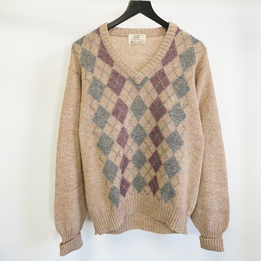 (L) Vintage Lord Jeff Shetland Wool Knit Sweater Men's L V-Neck Argyle Pattern Tan