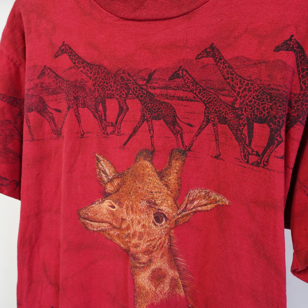 (L) Vintage 90s Giraffe Nature All Over Print Safari T-Shirt Men's L Red Africa